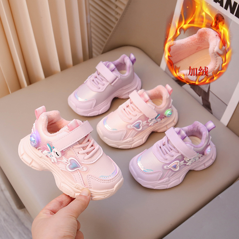 女童亮灯加绒运动鞋秋冬款1-3-6岁女孩公主鞋儿童二棉跑步鞋软底