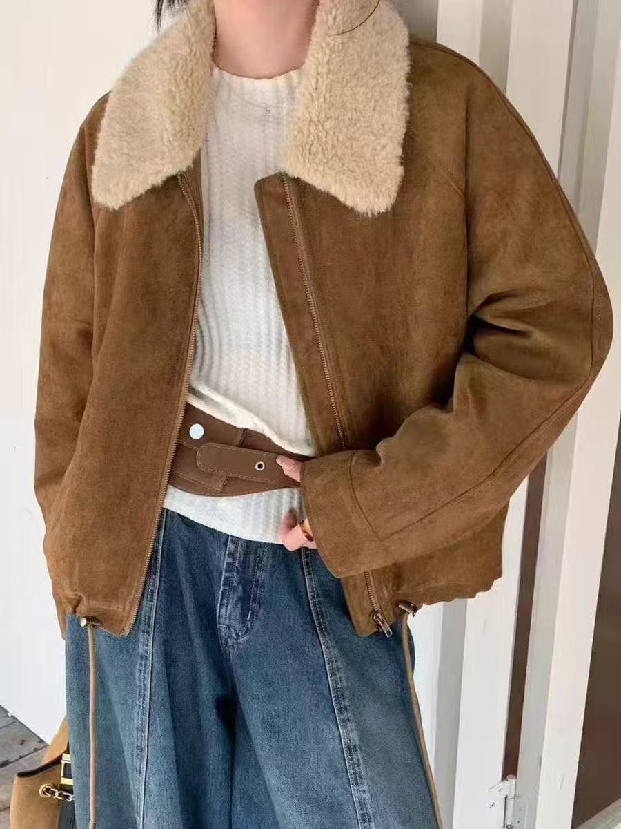 【小禾苗】韩系简约纯色仿麂皮绒外套冬季夹棉保暖休闲上衣