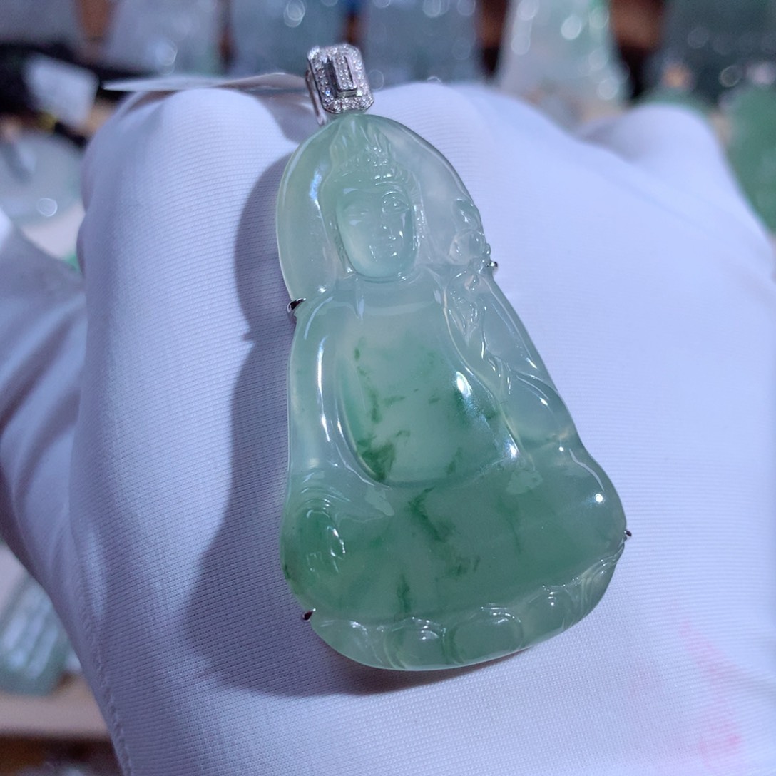 翡翠颈饰18K金镶嵌观音大势至