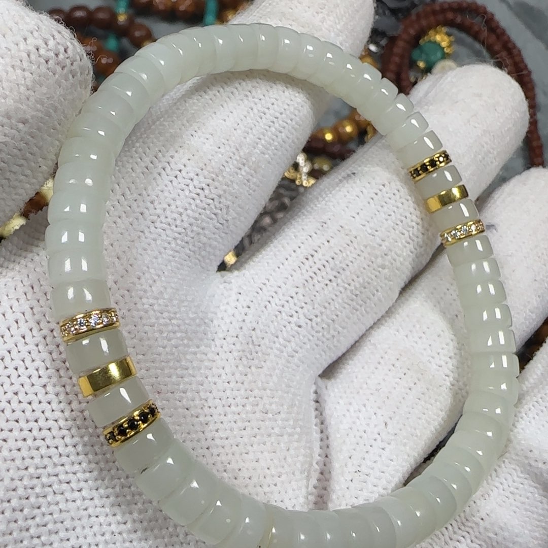 和田玉手链18K金镶嵌手串一条