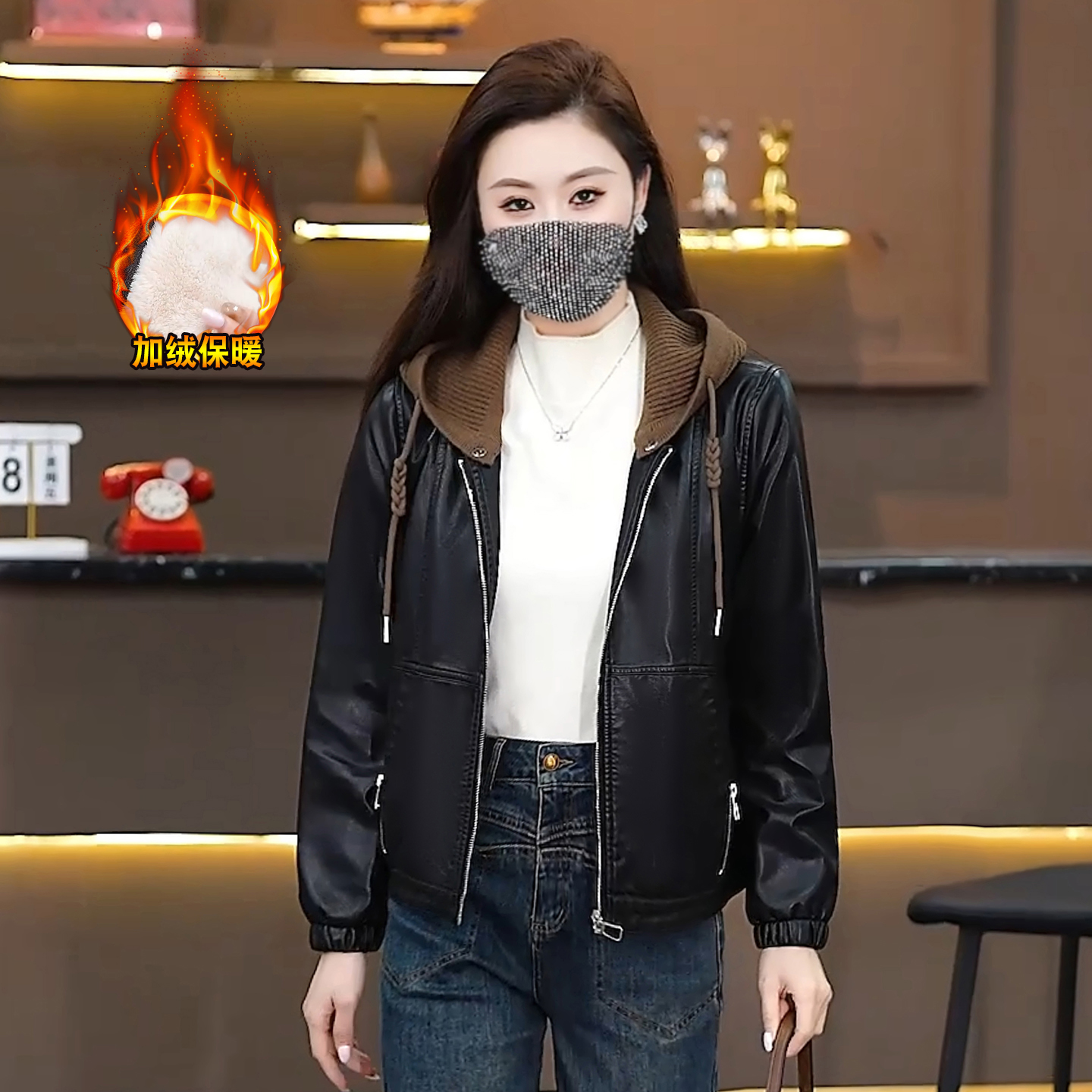 加厚秋冬显瘦红棕色港风连帽皮衣加绒加厚冬季连帽