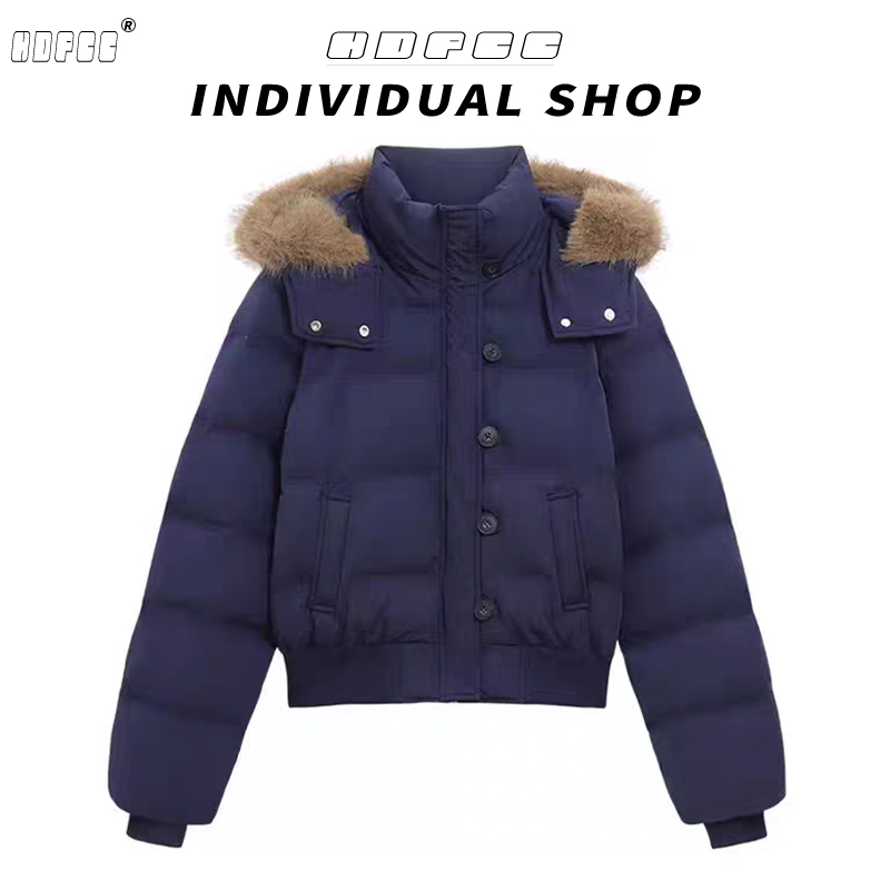 【现货】设计感毛领连帽棉服外套女冬季面包服韩系宽松保暖棉衣棉袄