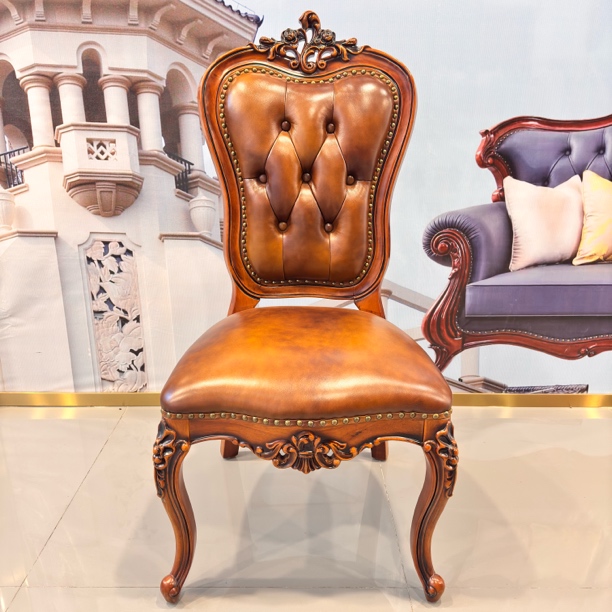 欧式实木餐厅真皮餐椅靠背椅602美式休闲椅家用复古单人雕花椅子