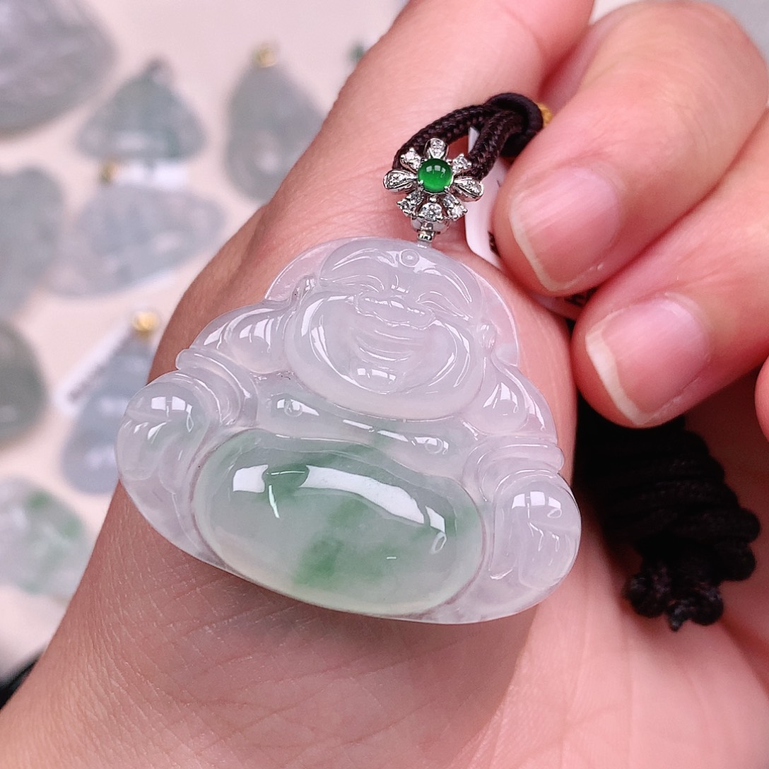 翡翠颈饰18K金镶嵌冰胶飘绿大佛公30*36.8*6.3