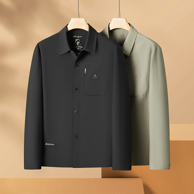吴老板新款男士春秋休闲夹克户外衫外套宽松纯色翻领透免烫抗皱