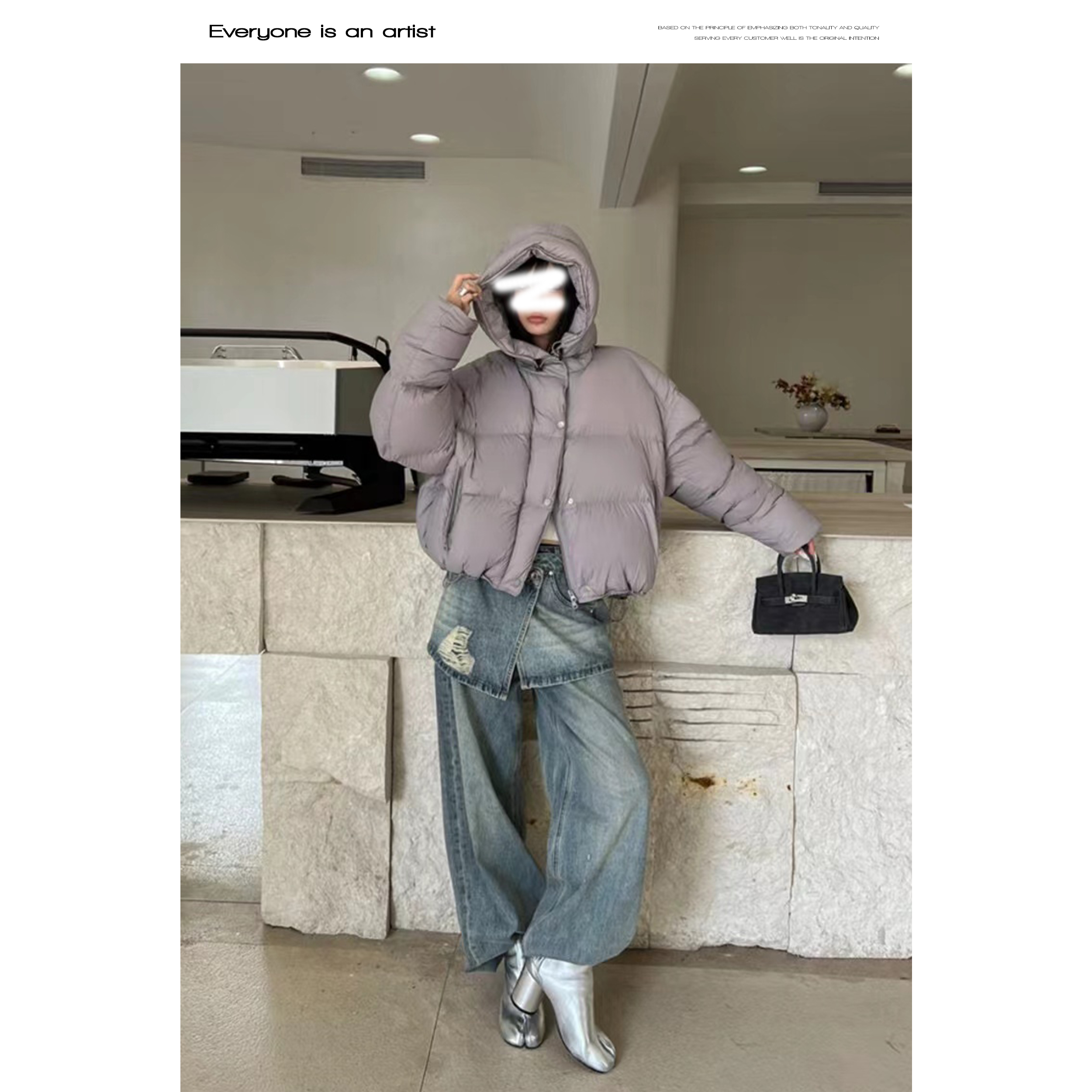 87296简约贝壳帽羽绒服抽绳设计感短款外套保暖面包服