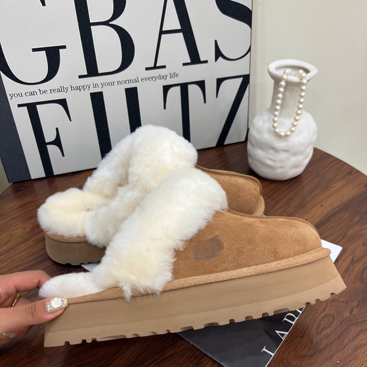 Y2025新款雪地靴厚底星拖半拖鞋真皮时尚百搭冬季保暖加厚