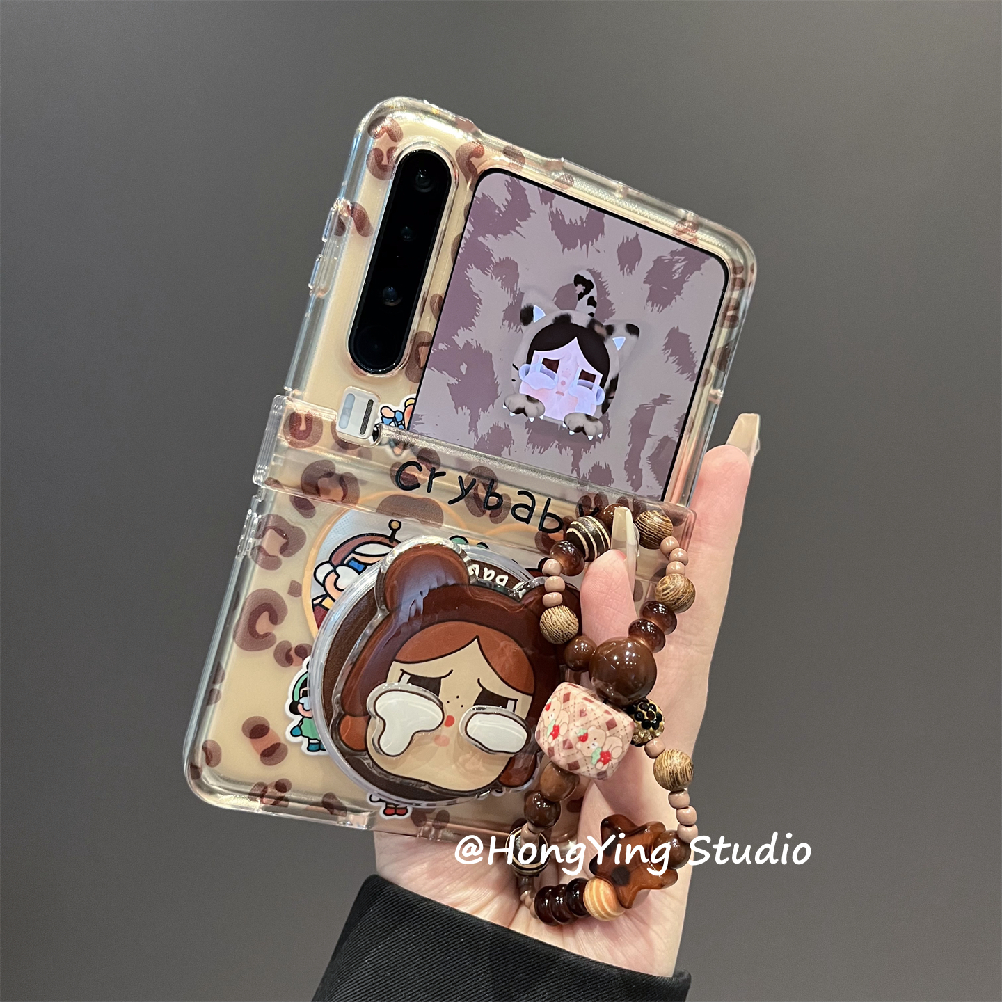 复古风豹纹可爱棕色哭娃适用华为PuraX折叠屏手机壳三星pocket2X6