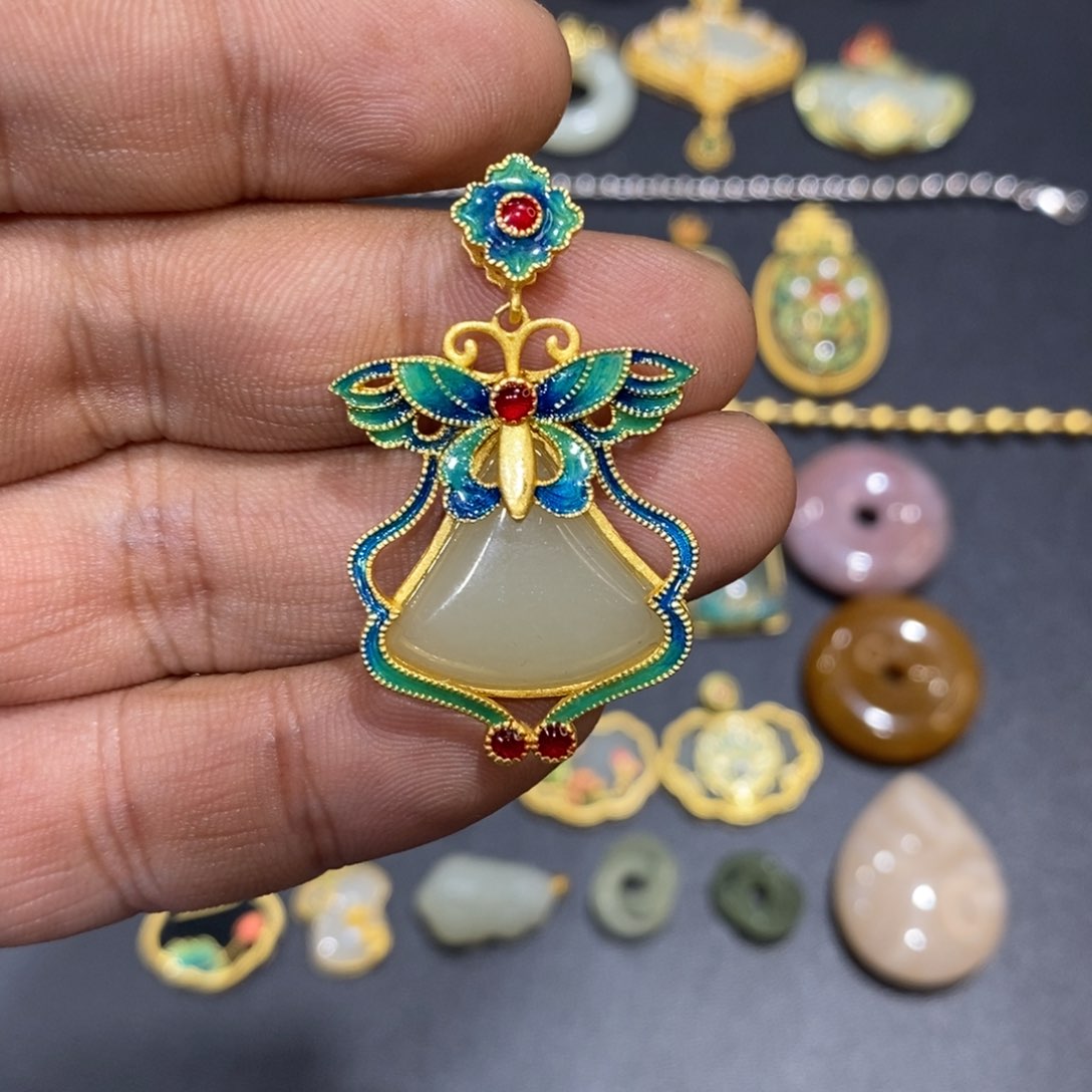 和田玉颈饰银S925镀金镶嵌