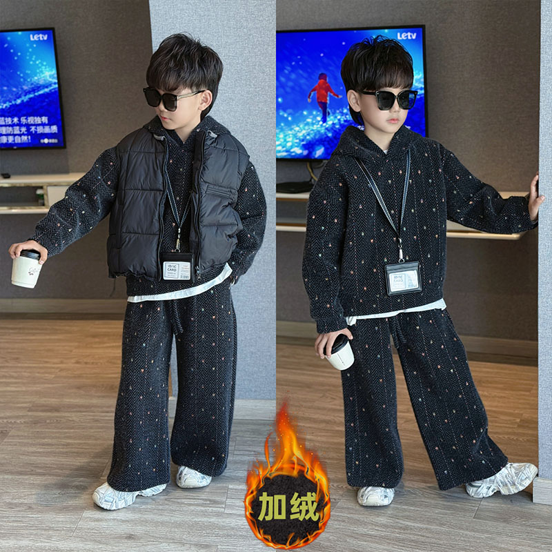 男童冬季新款时尚潮酷刺绣毛绒连帽卫衣套装中大童韩版加绒两件套
