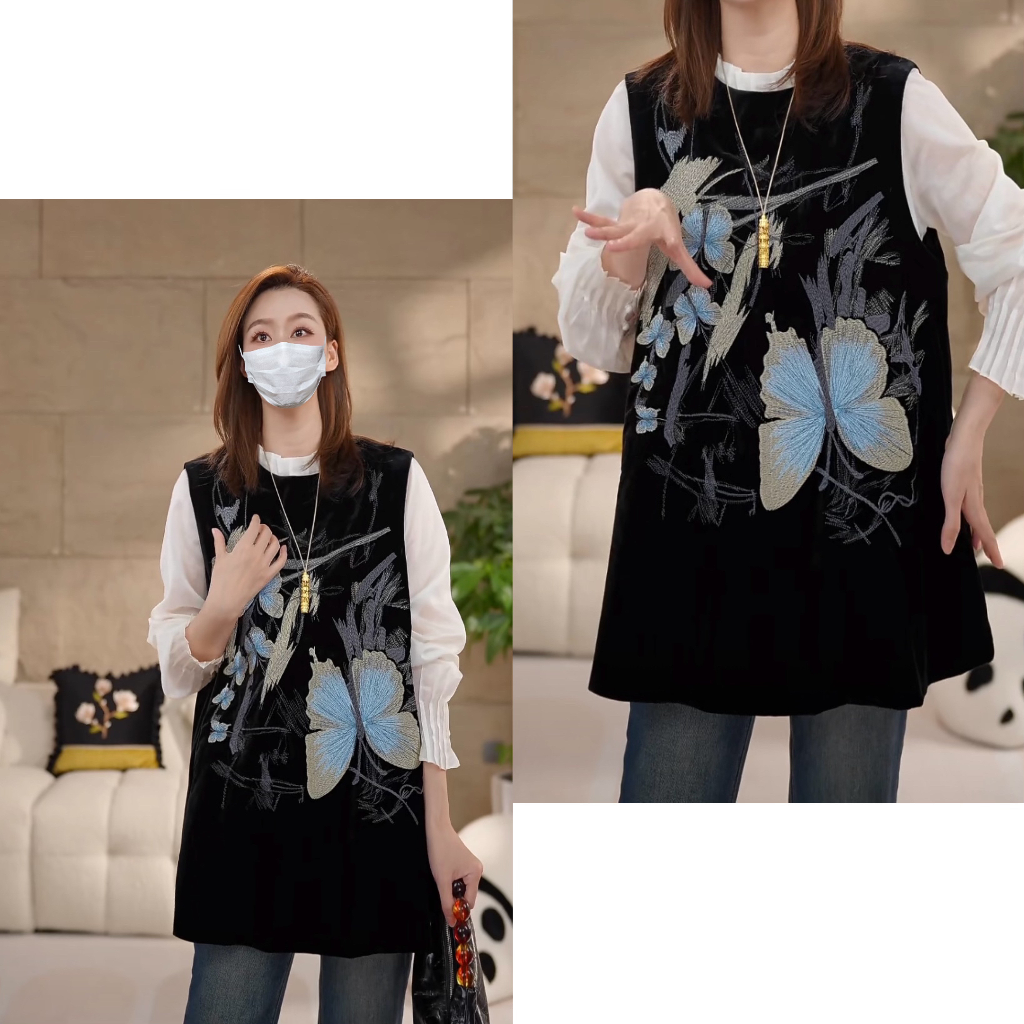 Miss.Z（蝴蝶飞飞）圆领丝绒立体刺绣马甲裙.#m0906