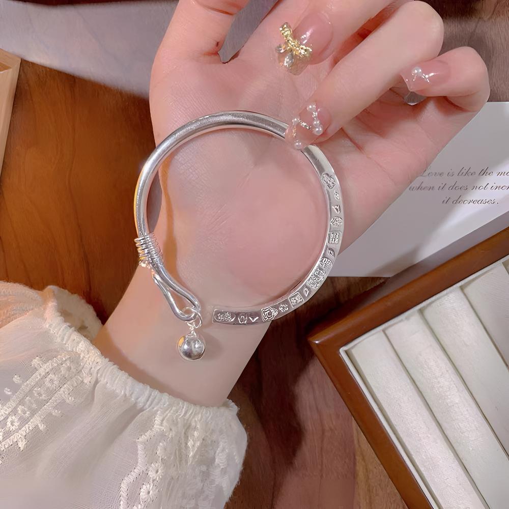 足银手镯 吉言铃铛足银999.9实心开口镯可调节古风送女朋友家人福
