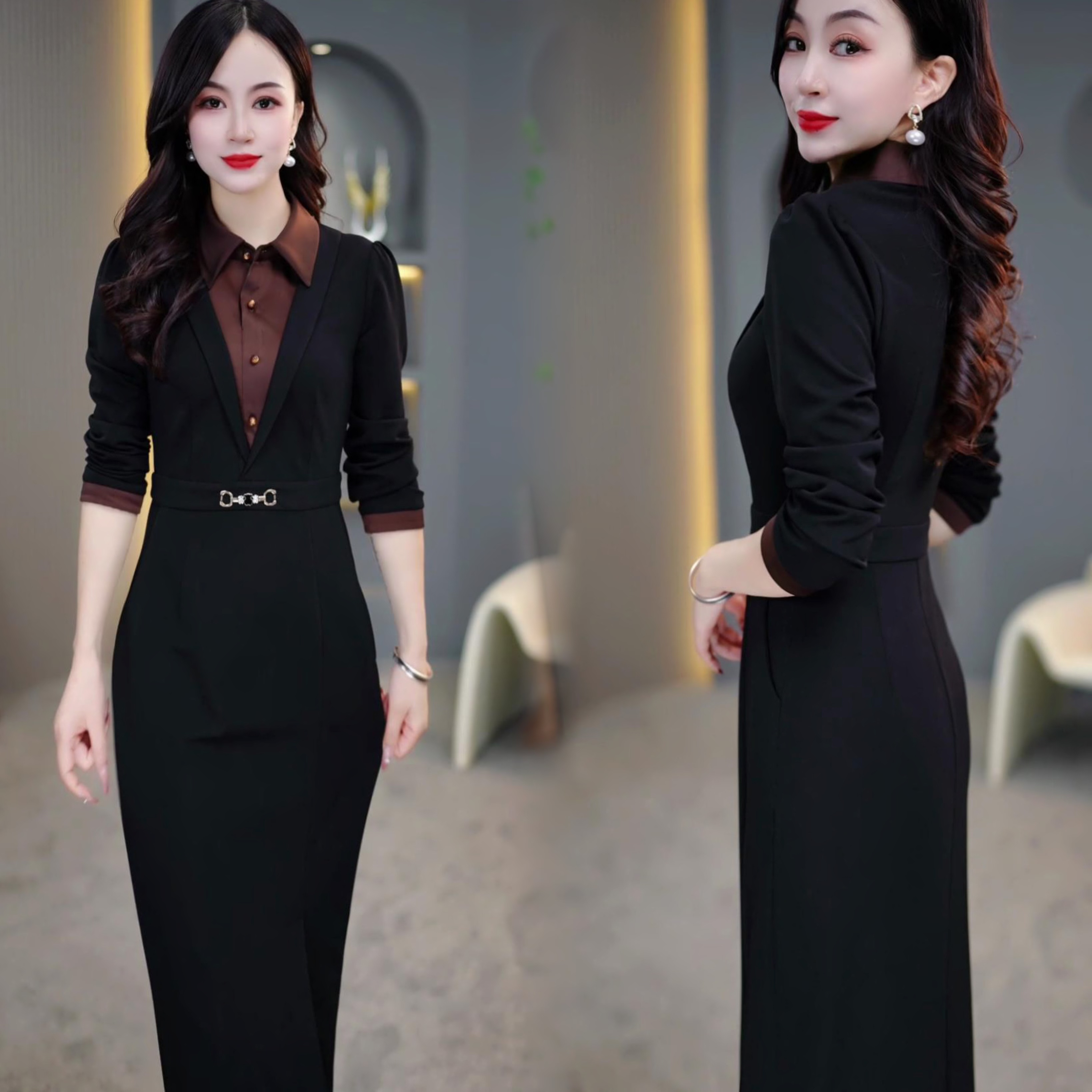 2024初秋季黑色收腰时尚气质修身包臀拼接褶皱设计中长款连衣裙