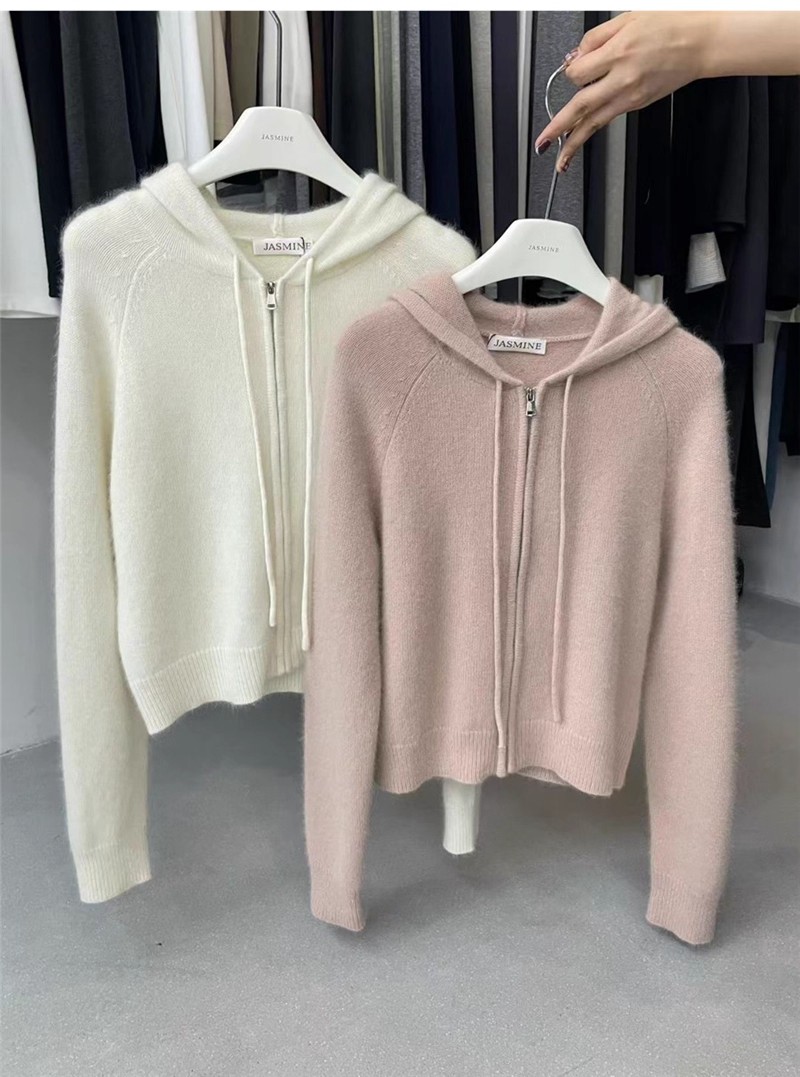 东大门jasmine冬连帽拉链安哥拉羊毛拉绒针织衫开衫毛衣女潮5020