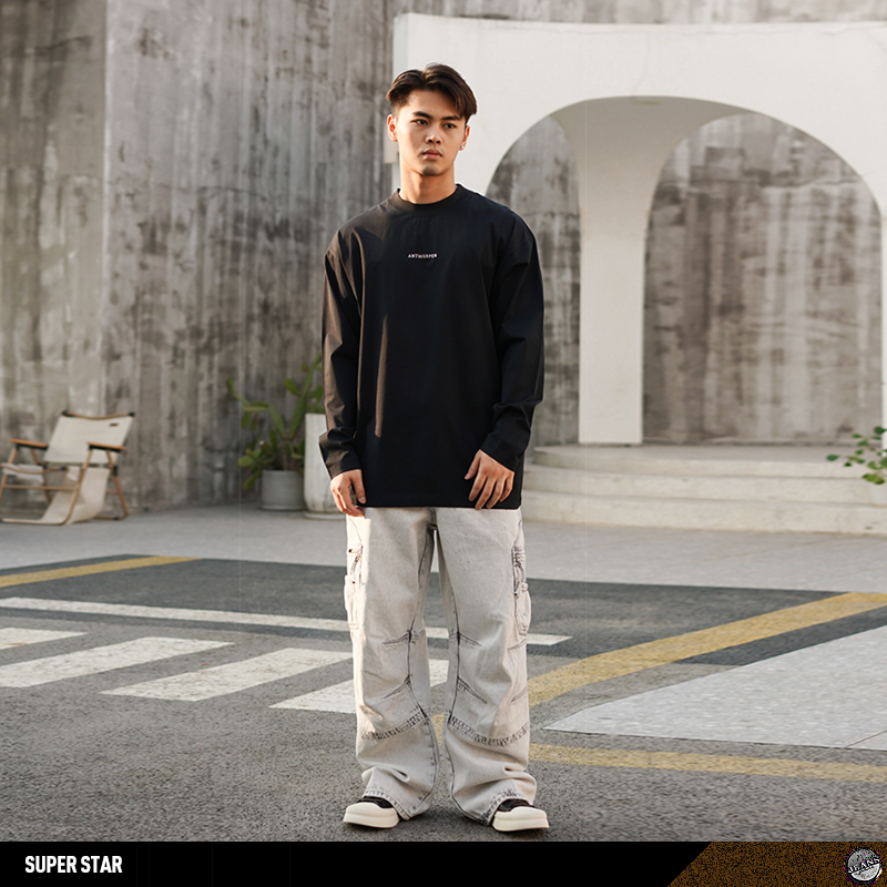 baggy宽松阔腿牛仔裤灰白复古水洗美式大直筒长裤子拖地男装潮牌