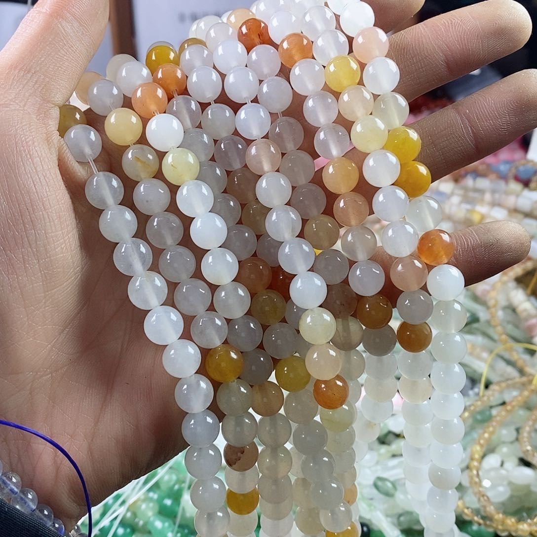 玛瑙/玉髓珠宝半成品合金一条天然8mm白体金丝玉圆珠