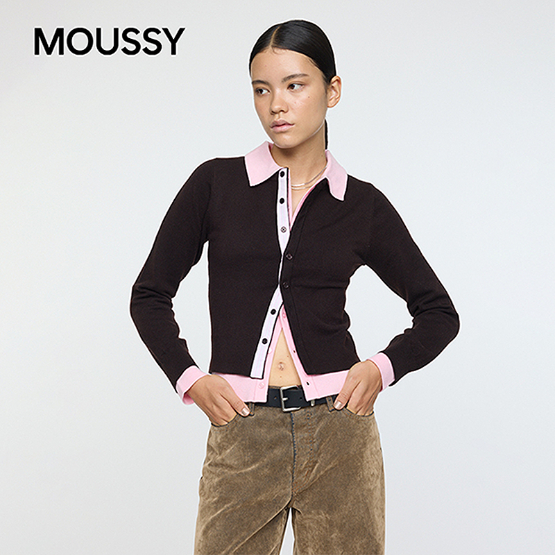 moussy 2025秋季甜酷风撞色假两件修身毛针织衫010IA170-3471