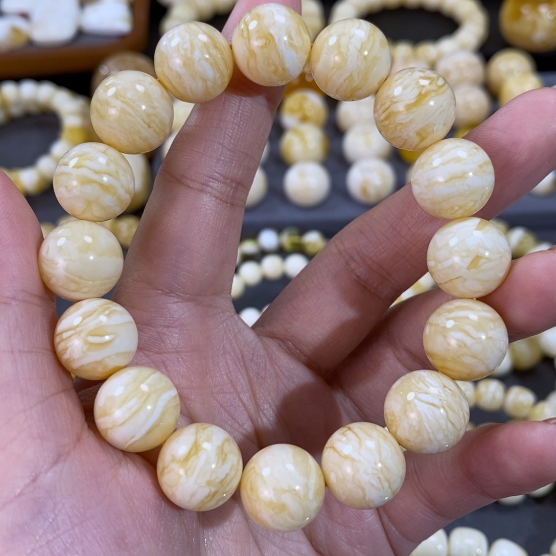 蜜蜡手串未镶嵌13.5mm+浓蜡虎皮千层雪手串