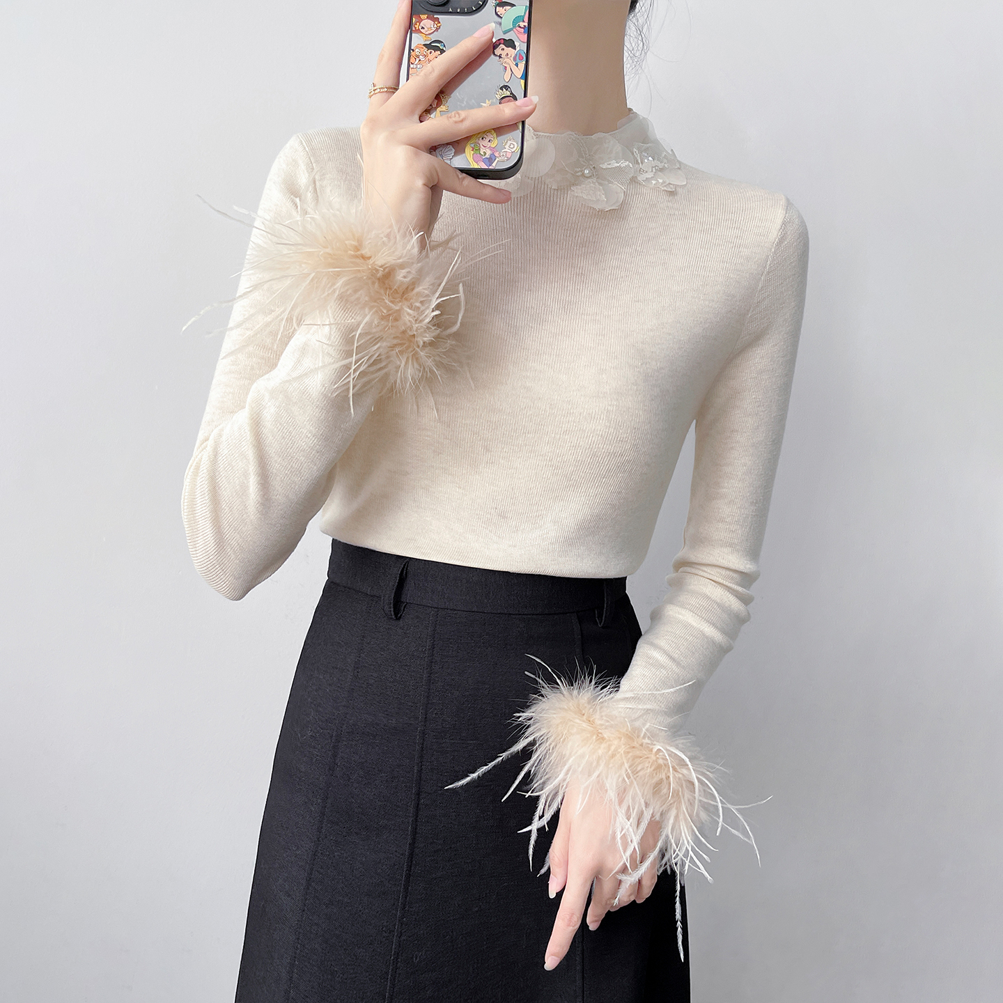 H235立体花朵装饰网红针织衫女秋冬新款洋气修身套头内搭打底上衣