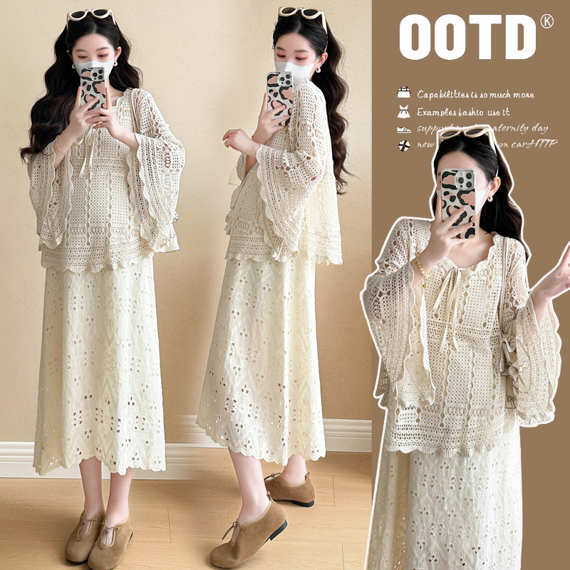 2025春夏季孕妈纯棉蕾丝宽松背心裙＋针织勾花罩衫慵懒套装