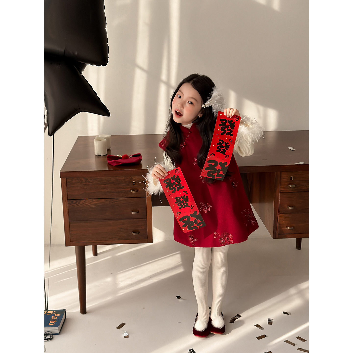 Harper kids 韩版女童秋冬新中式亮片刺绣旗袍背心裙 H25D061211
