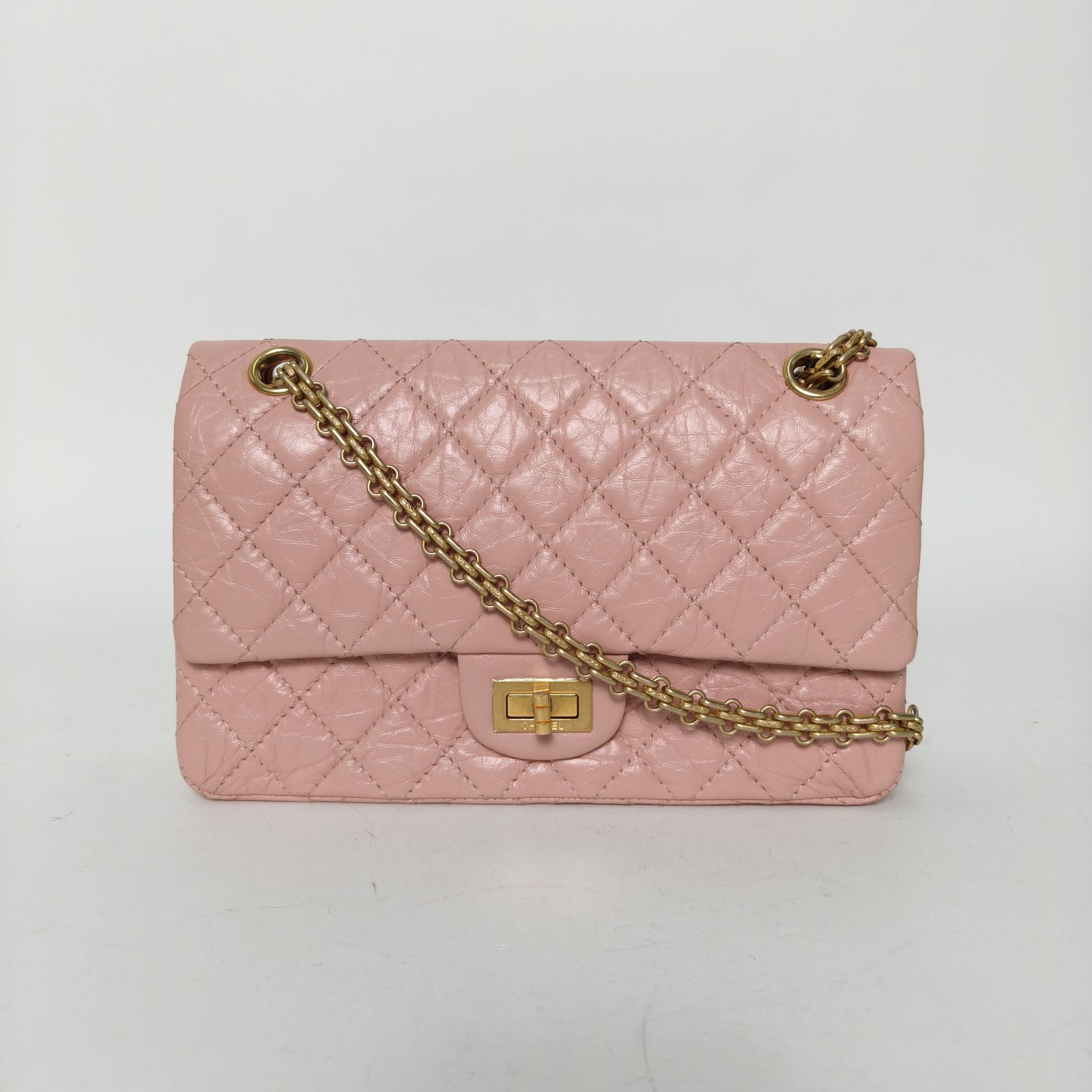 95新 Chanel/香奈儿 【黑黑】2.55 口盖包 小号 粉色 27开 金扣