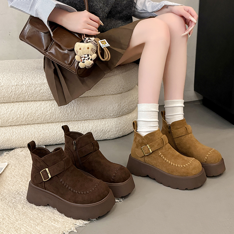 加绒复古短筒马丁靴女冬季厚底保暖棉靴2025年新款百搭一脚蹬短靴