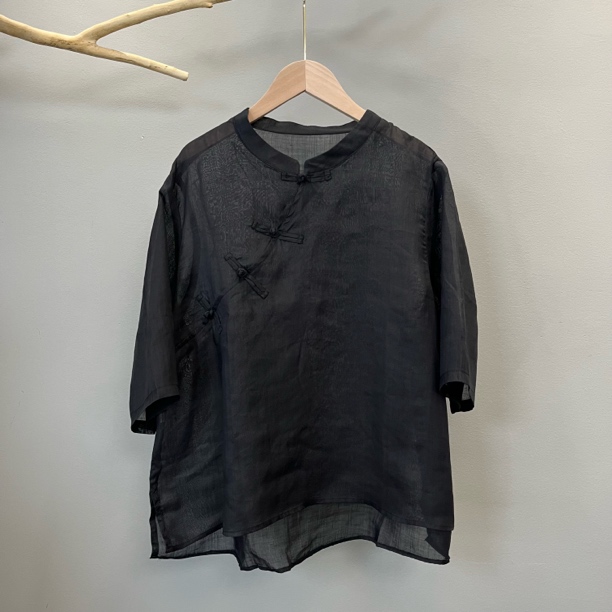 夏款100苎麻斜襟衬衫立领中国风宽松上衣七分袖显瘦防晒衫