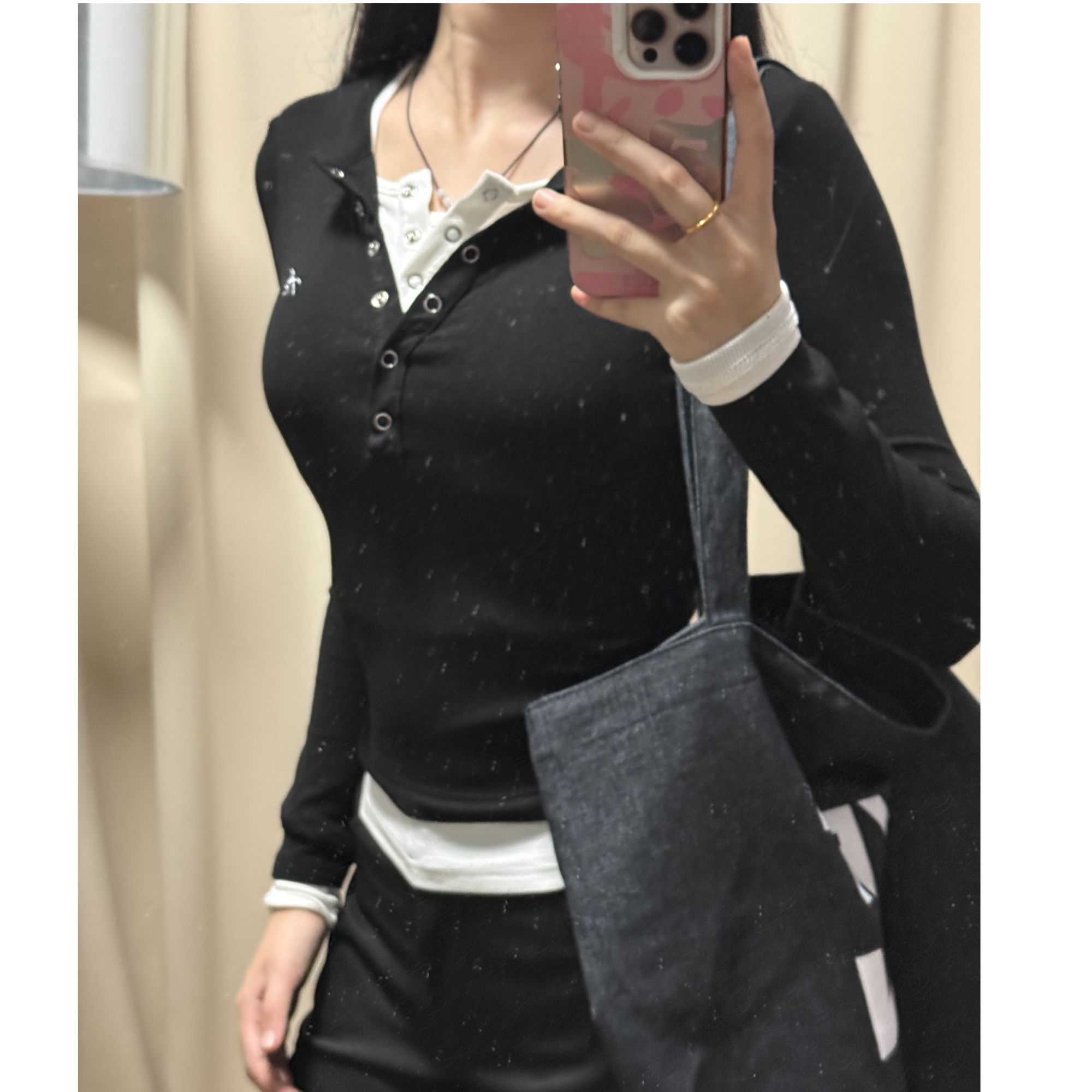 一奕【叠穿公式】撞色纽扣领假两件上衣酷飒风女装纯欲慵懒风女装