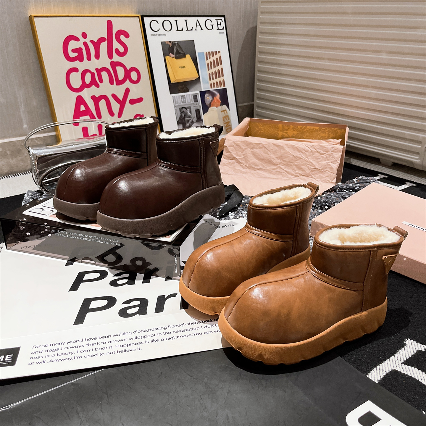 【XK】欧货2025年厚底松糕大头卡皮巴拉丑萌面包鞋皮面雪地棉靴女