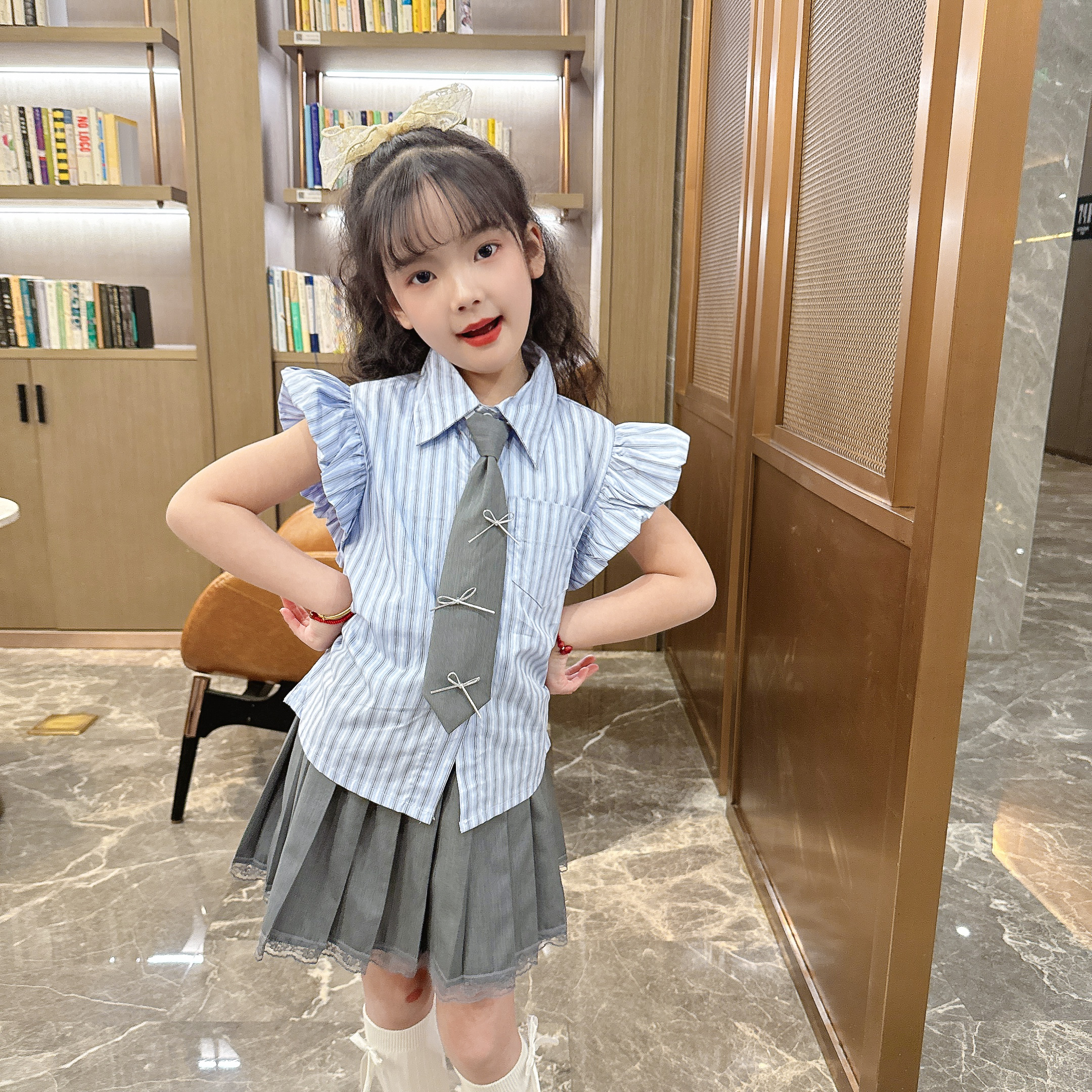 2025女童夏款学院风套装女宝宝凉快透气精致套装女儿jk风格3件套