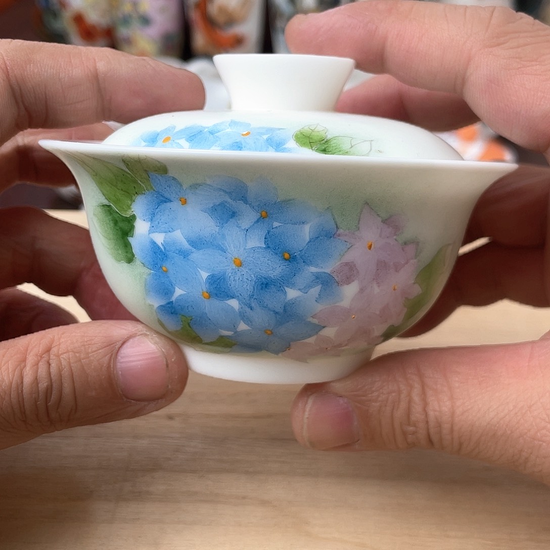 素烧手绘两才盖碗