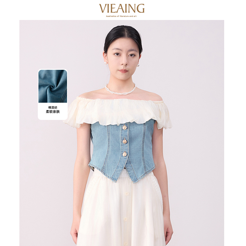 VIEA.ING薇迎夏季新款休闲百搭荷叶边露肩短牛仔衬衫40