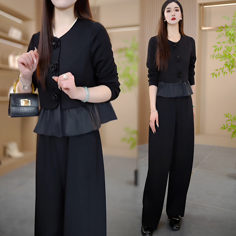 黑色裙摆小衫阔腿裤子两件套套装女士2025春秋新款高级感减龄洋气
