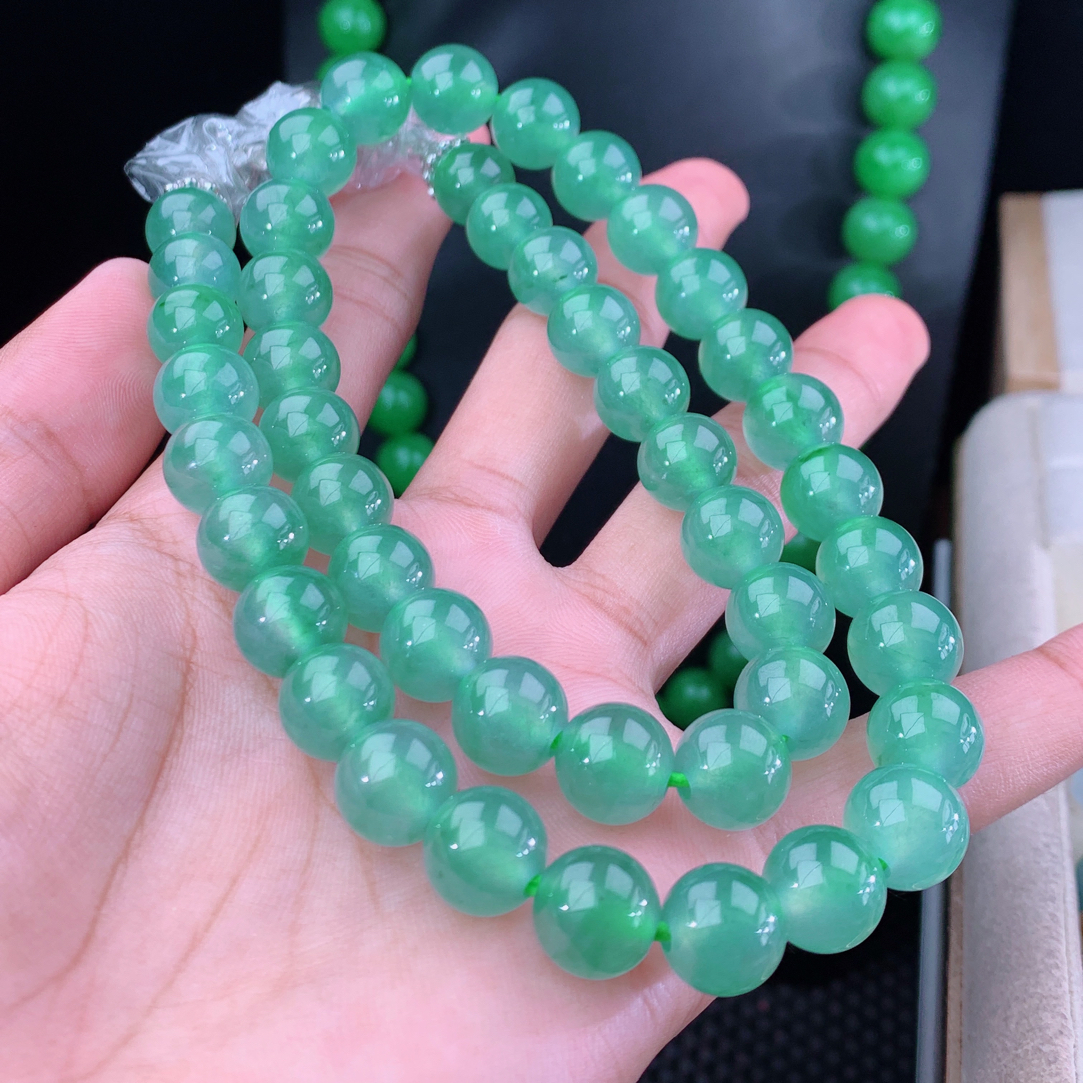 缅甸天然A货翡翠高冰种冰绿色项链卡11mm