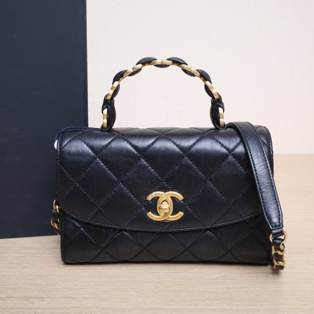 99新 Chanel/香奈儿 小花6枫21S 口盖包 20cm 黑色 31开 金扣 