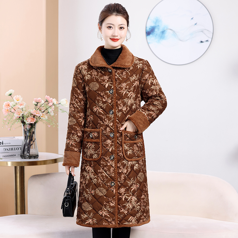 大码妈妈冬季碎花棉服时尚洋气中长款外套加厚保暖棉衣中老年女装