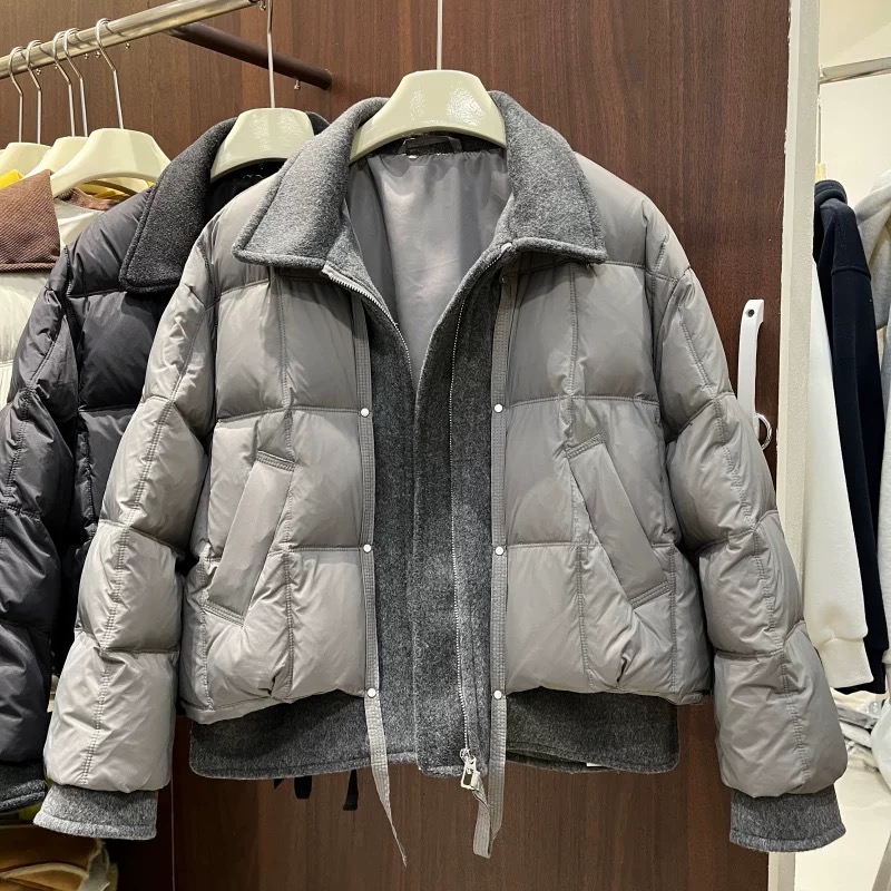 毛呢拼接翻领短款棉服女2025冬季加厚保暖显瘦减龄上衣