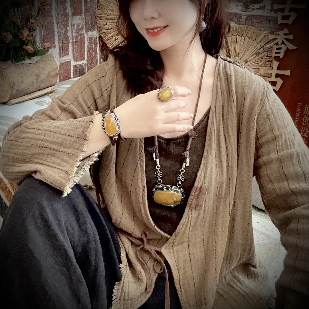 【古香古色】原创复古s925银蜜蜡琥珀项链（长度75cm可调节）