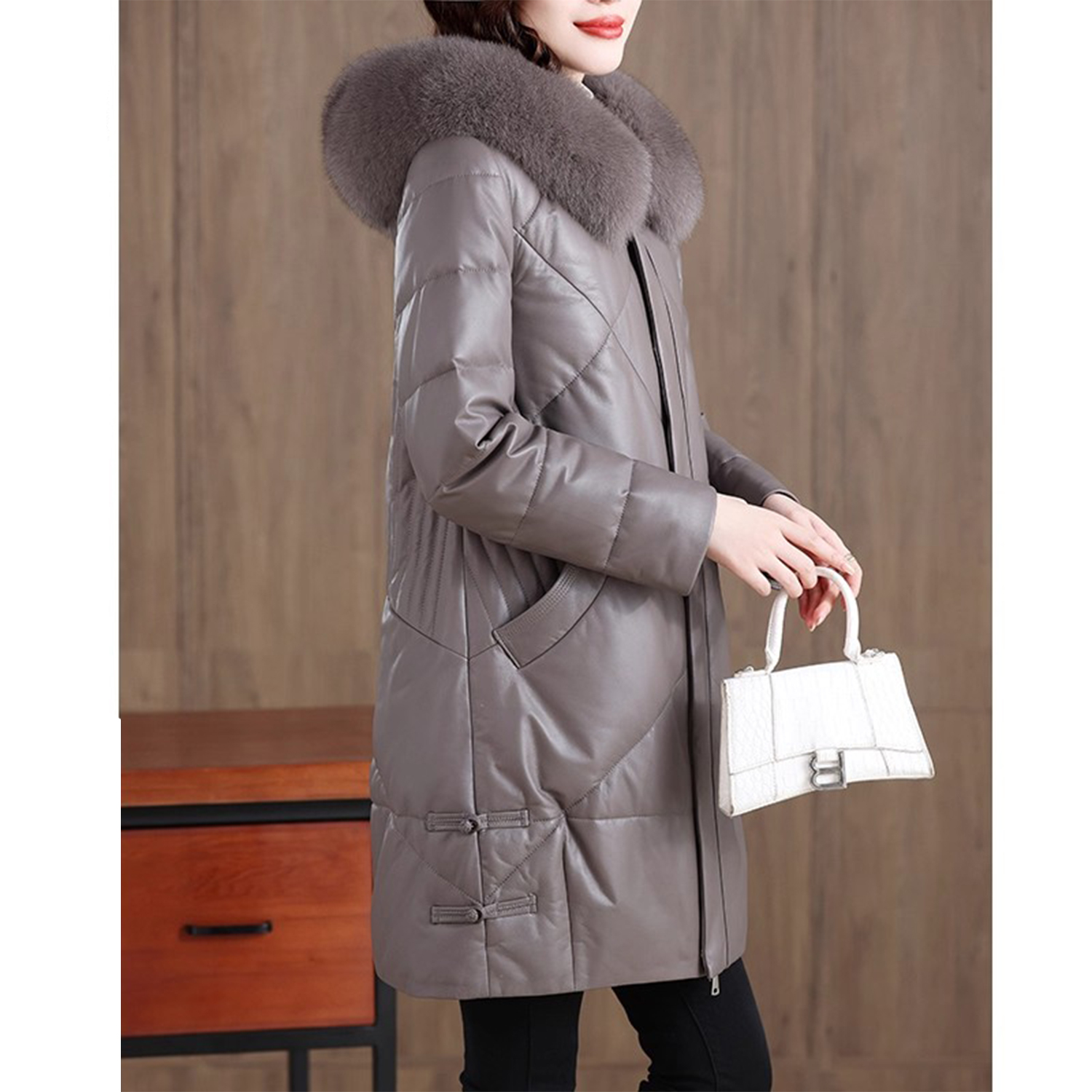 妈妈装羽绒棉服女中长款可拆卸狐狸毛领宽松加绒加厚保暖皮衣外套