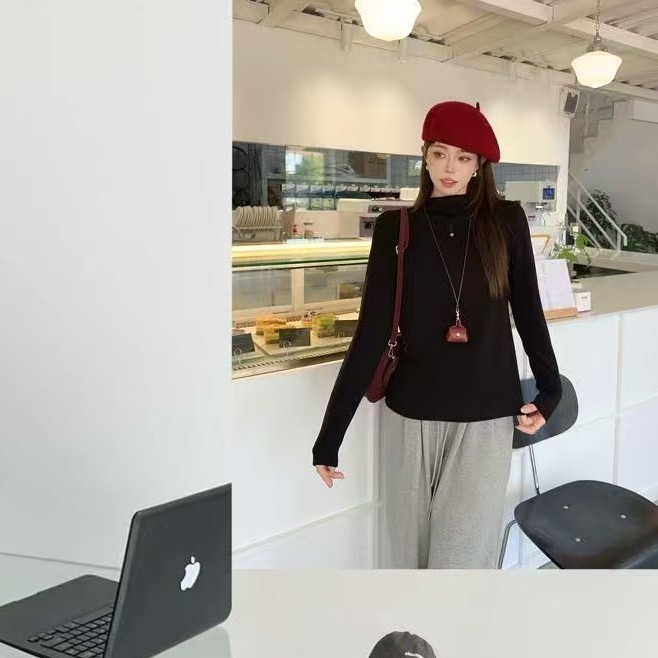 韩版百搭半高领加厚长袖打底T恤显瘦纯色上衣