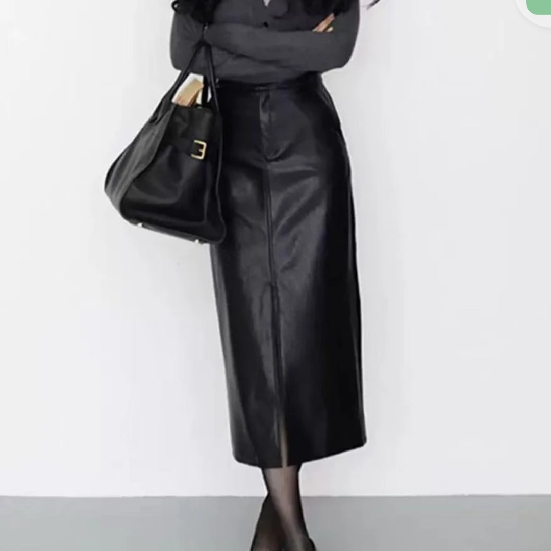 【海宁】高级感黑色头层小牛皮高腰显瘦网红直筒半身裙冬季新款