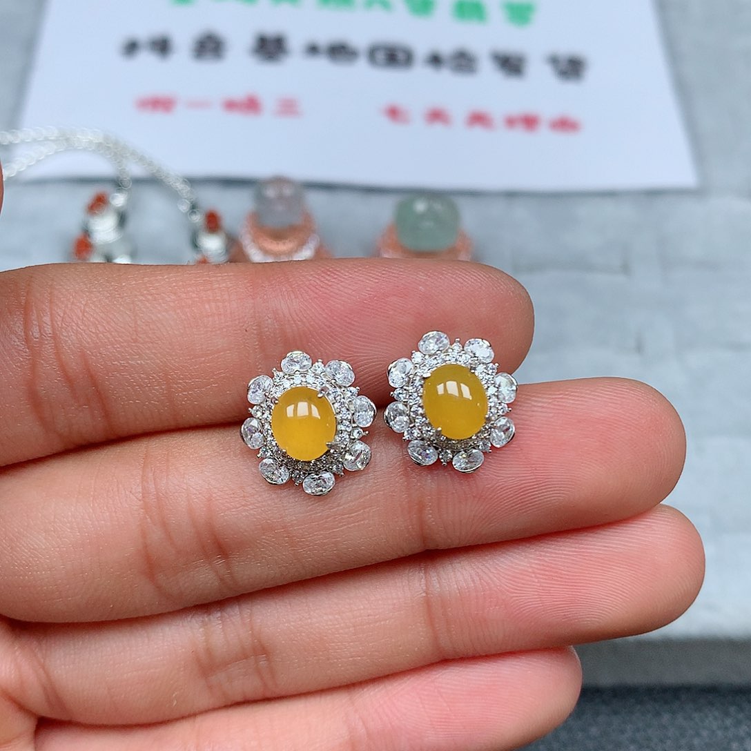翡翠银S925镶嵌耳钉37号