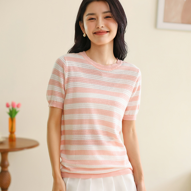 2025夏新款圆领短袖洋气条纹T恤百搭薄款纯棉针织衫
