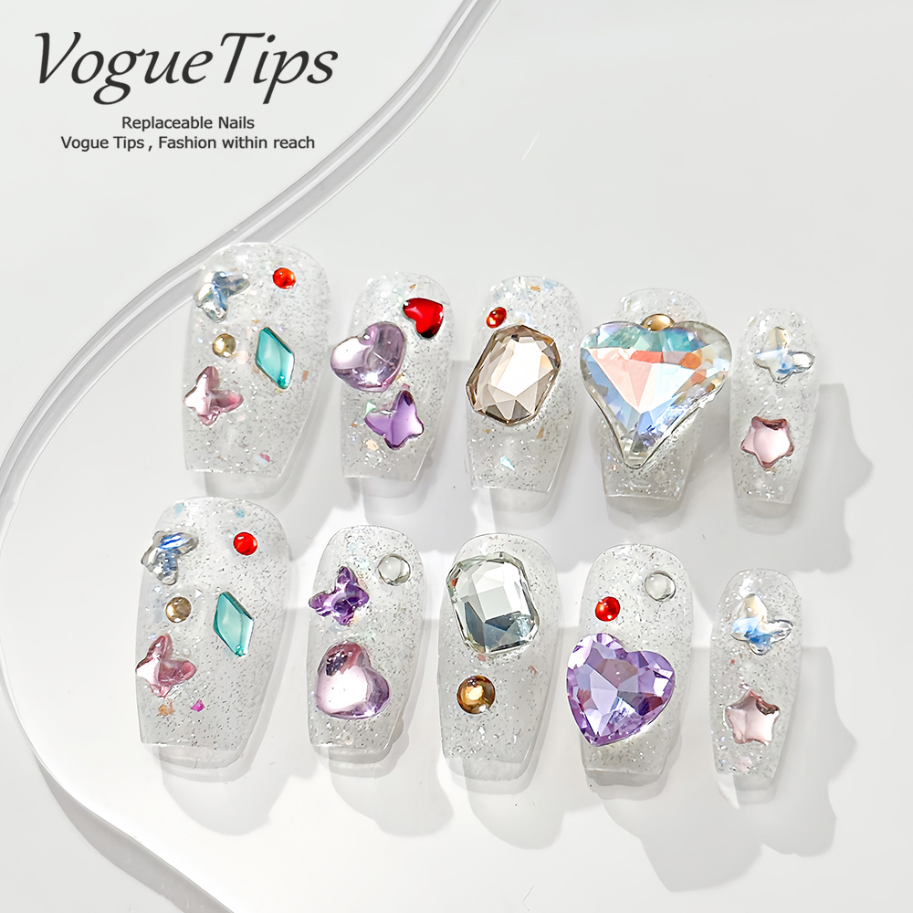VogueTips冰蝶穿戴甲2025新款日式韩式短款手工彩钻短梯ZB445