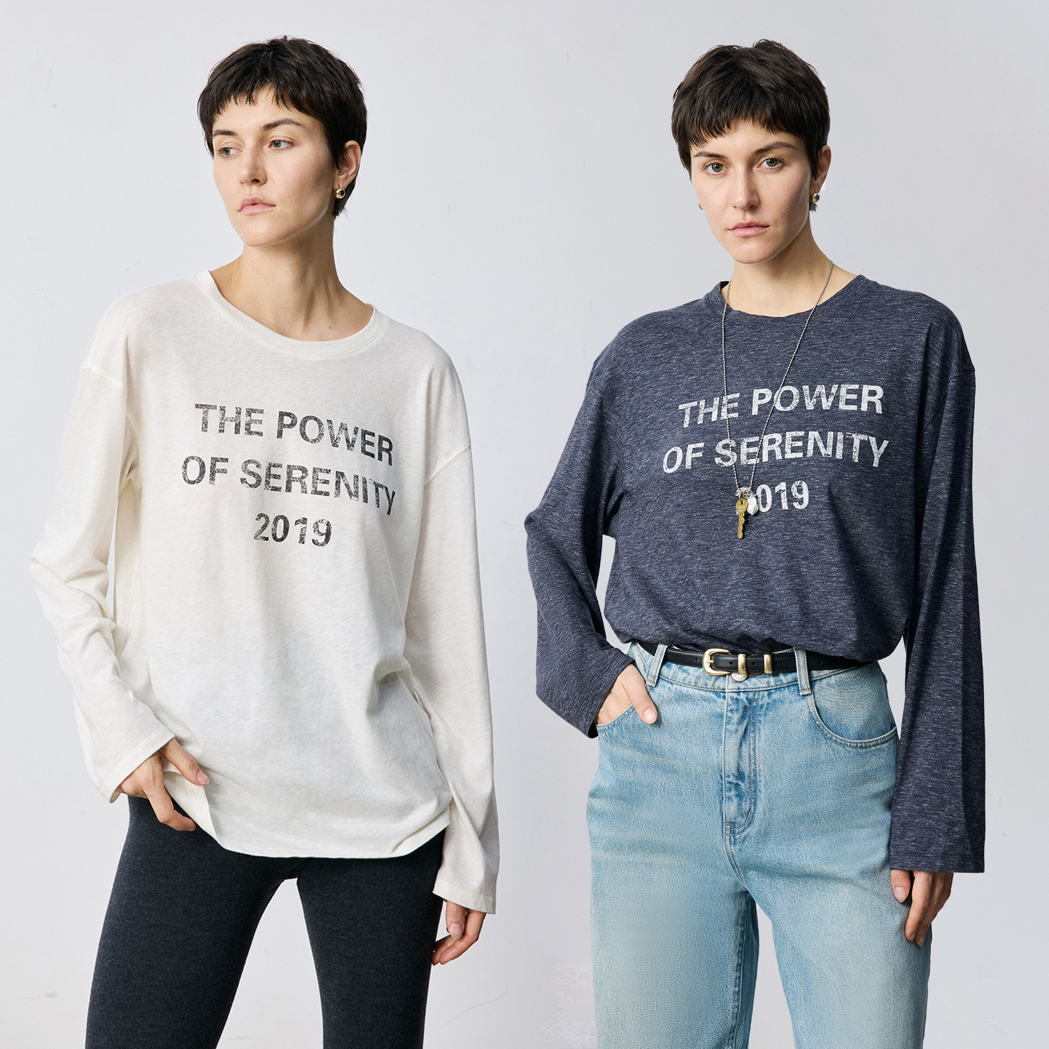 MARIUS "字母T"棉混纺牛仔纱实穿宽松直身落肩长袖字母T恤