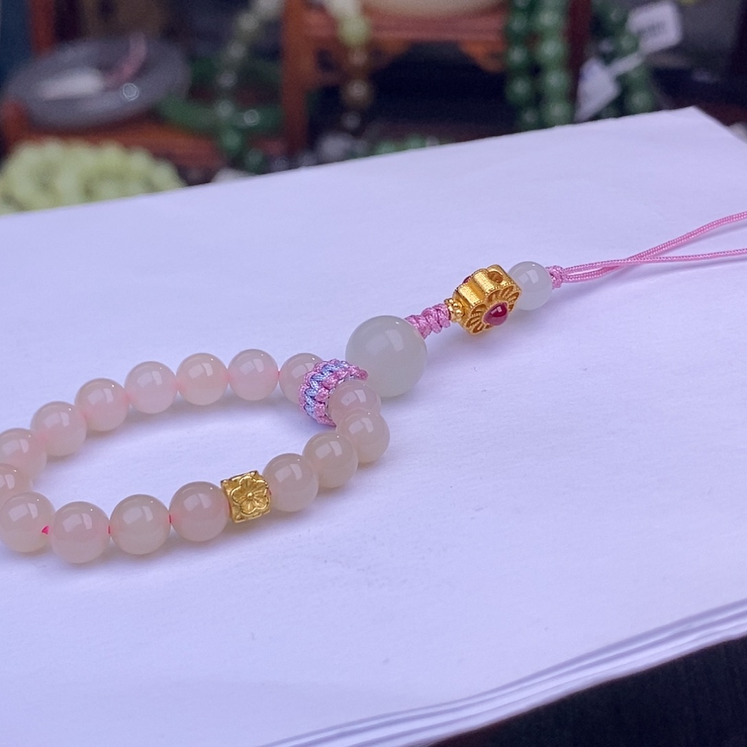 和田玉早间福利价熟藕粉红粉手机链6mm未镶嵌