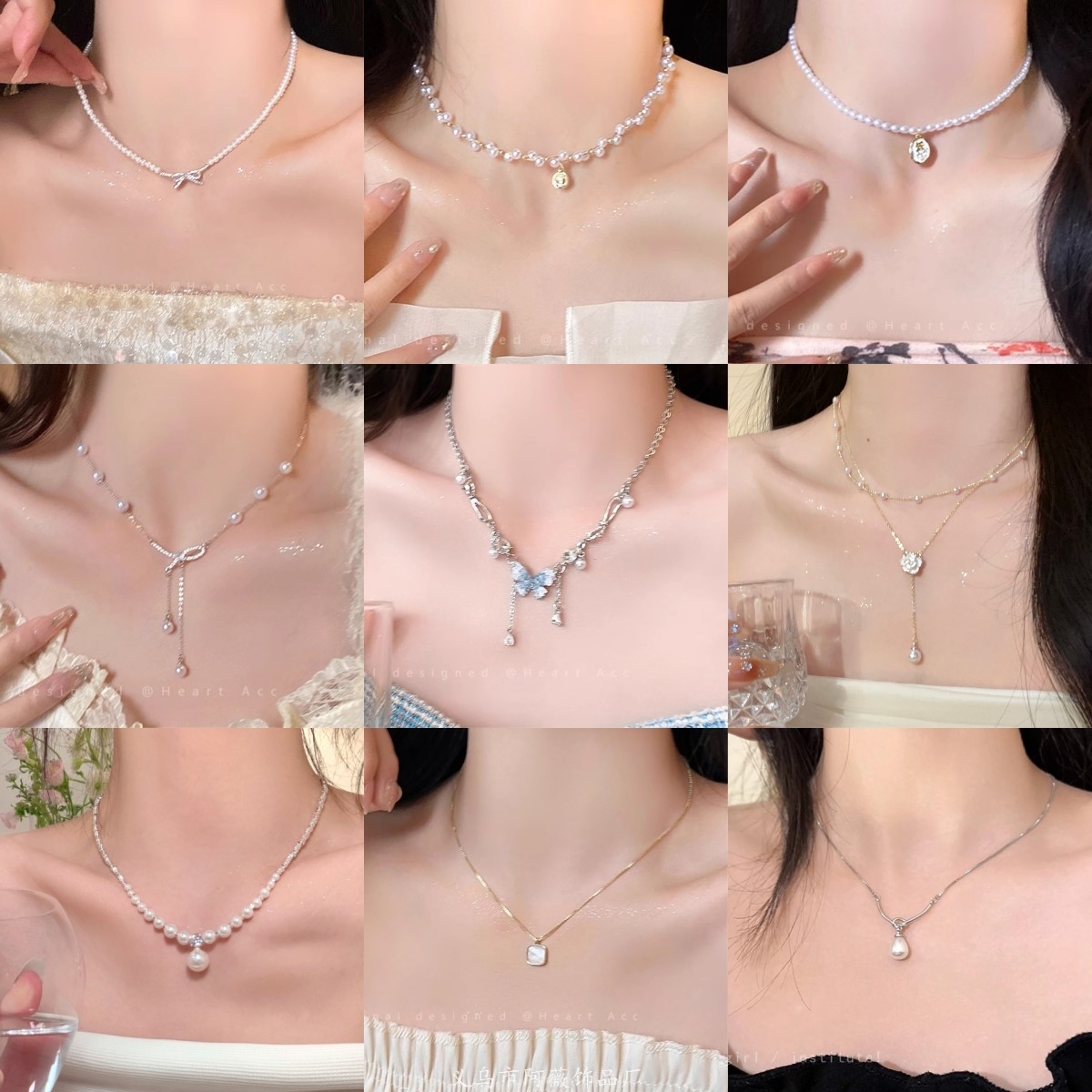 合金合成锆石吊坠 蝴蝶结珍珠流苏项链女夏季新款轻奢高级感小众