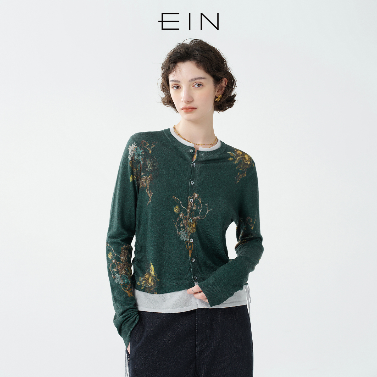 EIN/言秋色印花绵羊毛撞色假两件抽褶设计针织开衫2025早秋新款