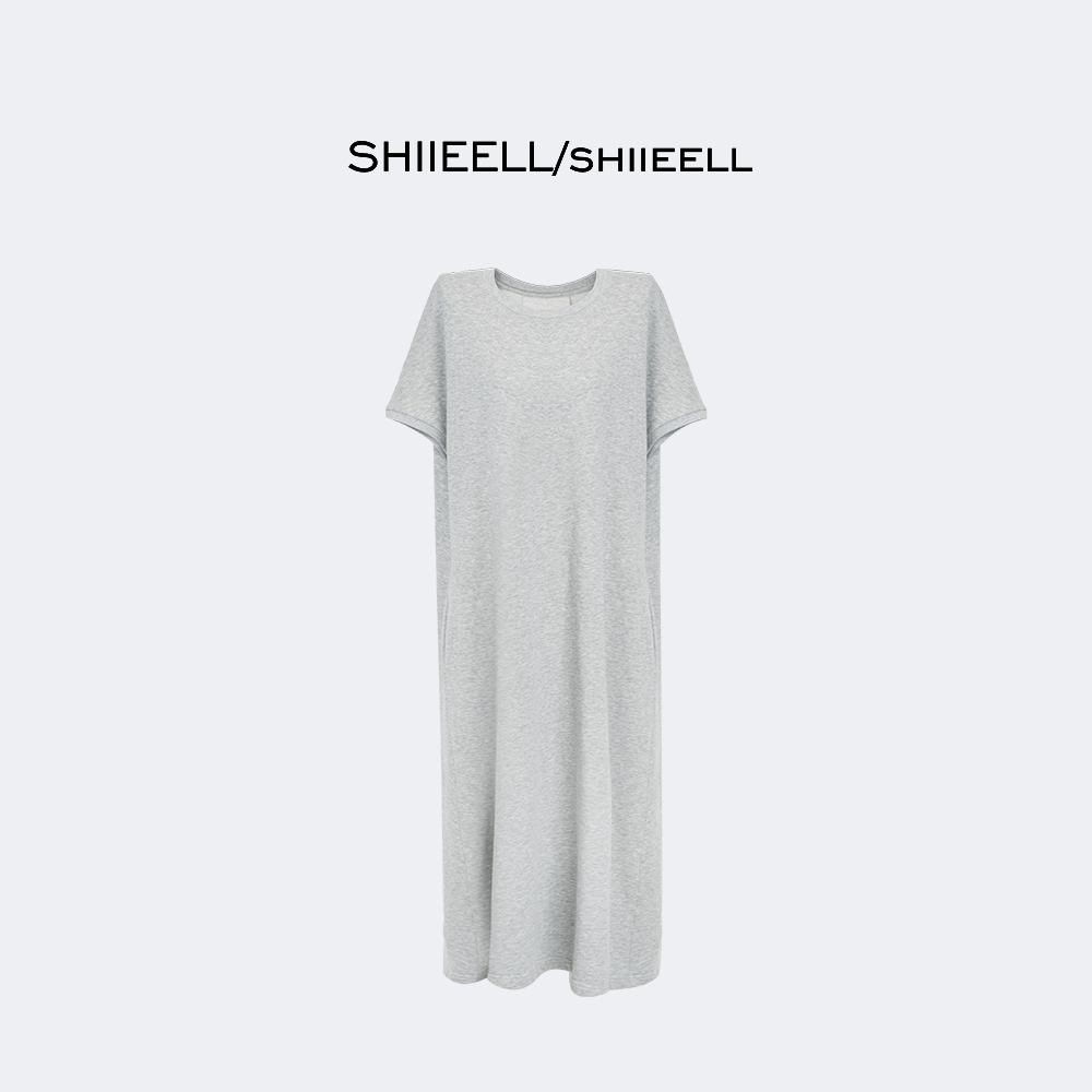 SHIIEELL夏季新款时尚极简洋气休闲棉质圆领落肩短袖连衣裙W0052